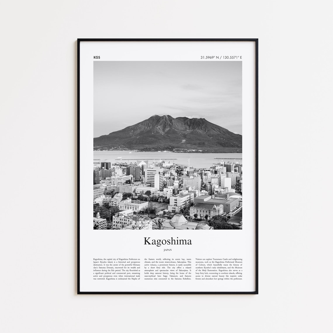 Kagoshima Japan Volcano Sakurajima Black White Photo Travel Poster
