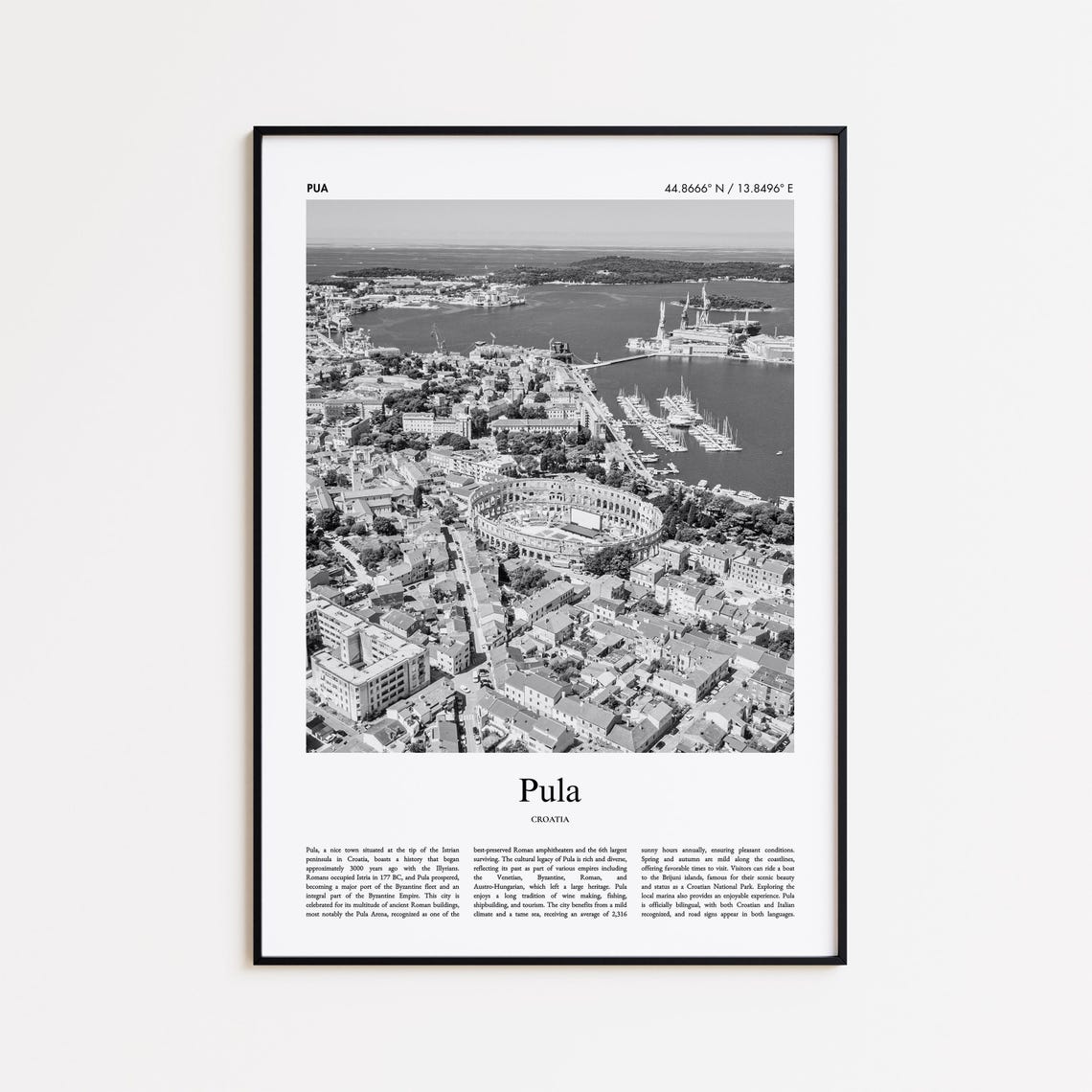 Pula Croatia Black White Roman Arena Harbor Aerial View Poster