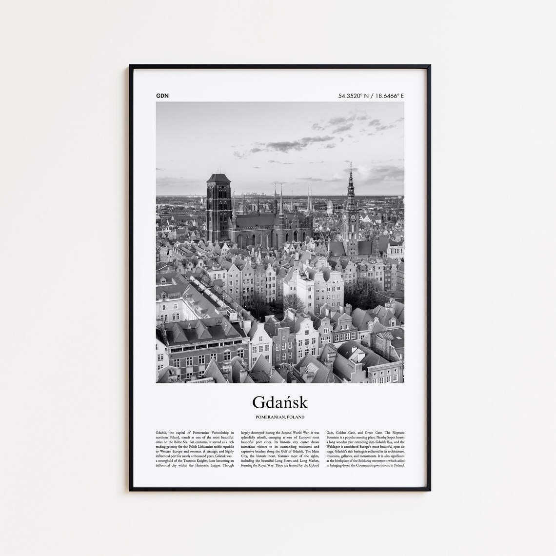 Gdansk Poland Colorful Old Town Black And White Travel Poster