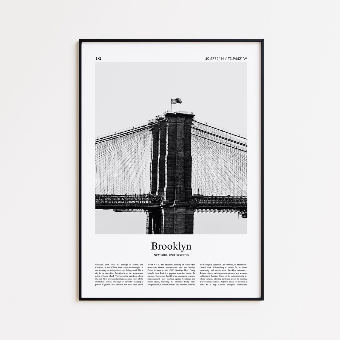 Brooklyn Bridge Tower Black and White Travel Photo Poster With Coordinates