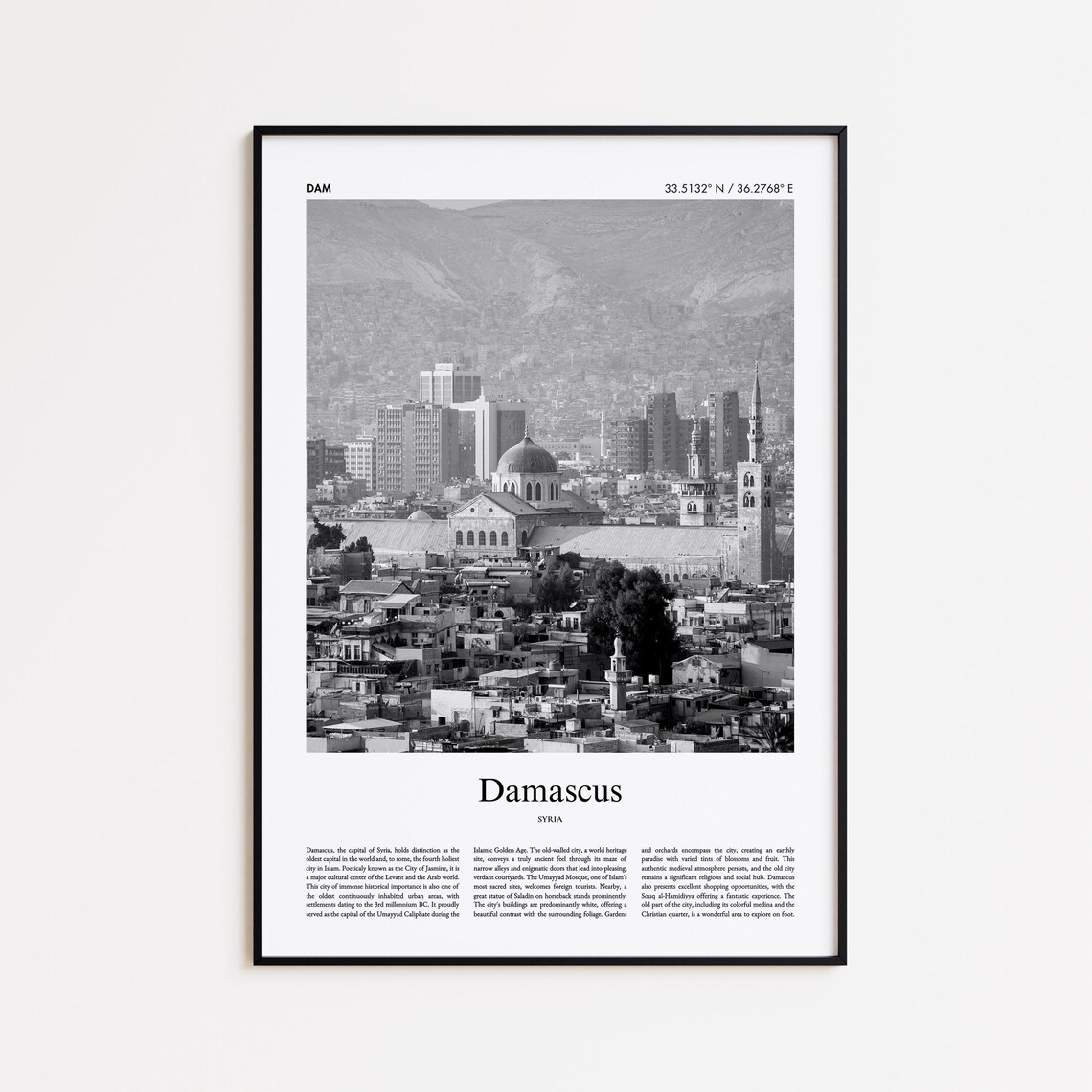 Damascus Syria Black and White Cityscape Photo Travel Poster