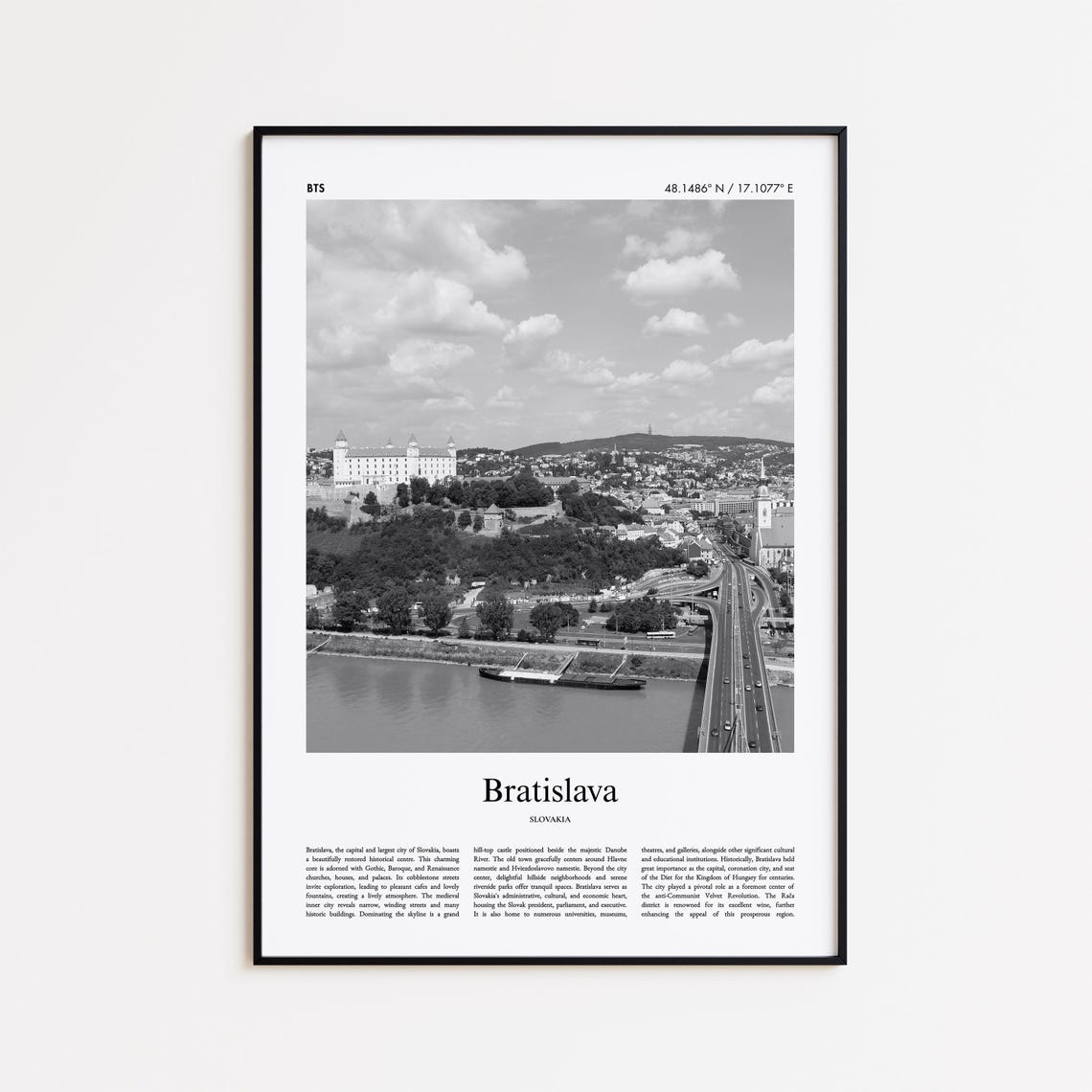 Bratislava Castle Hill Danube River Black White Photo Poster
