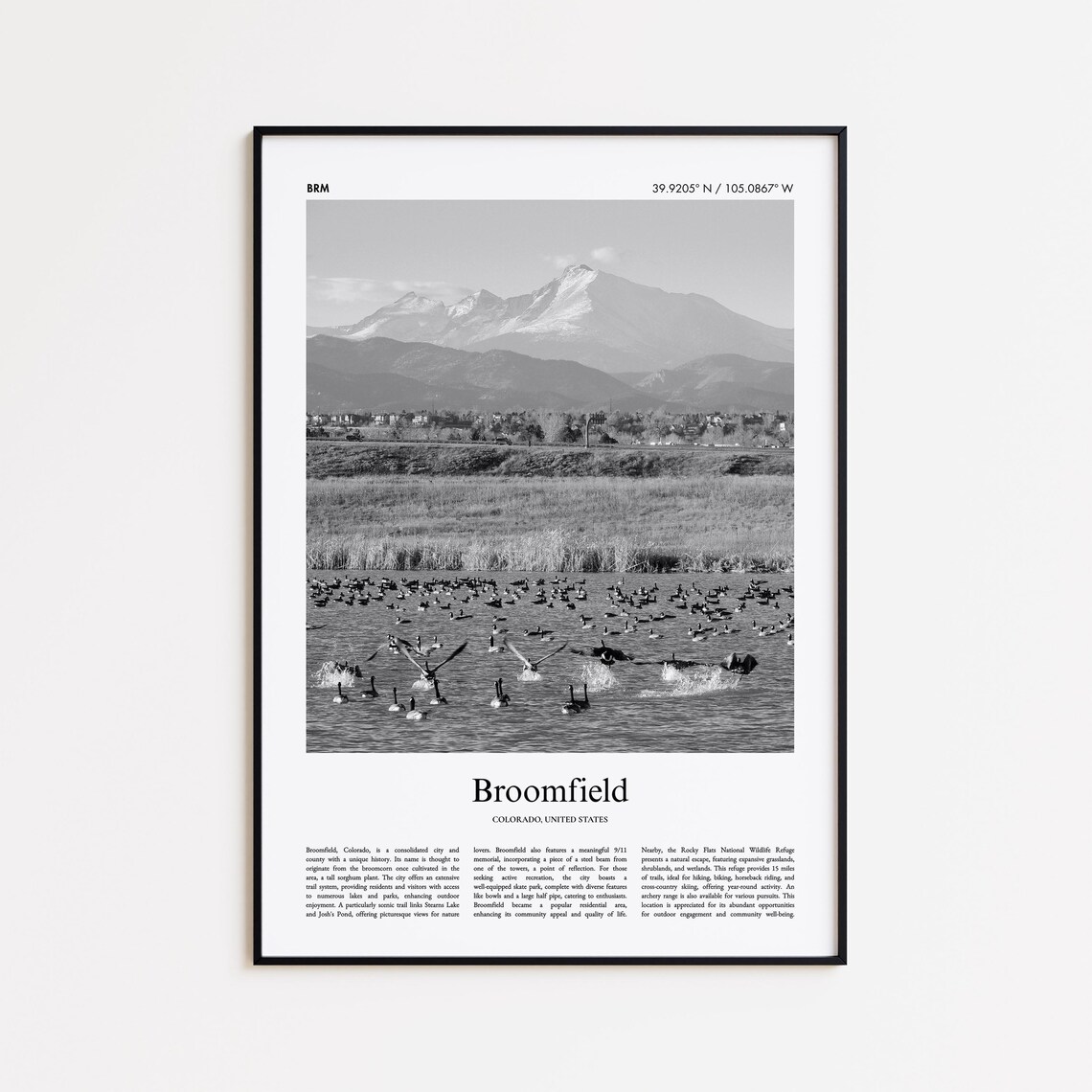Broomfield Colorado Black and White Travel Poster Lake Geese Mountains