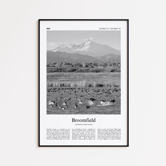 Broomfield Colorado Black and White Travel Poster Lake Geese Mountains