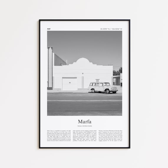 Marfa Texas Vintage Wagon And White Building Black And White Travel Poster