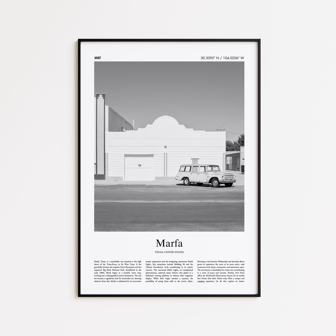 Marfa Texas Vintage Wagon And White Building Black And White Travel Poster