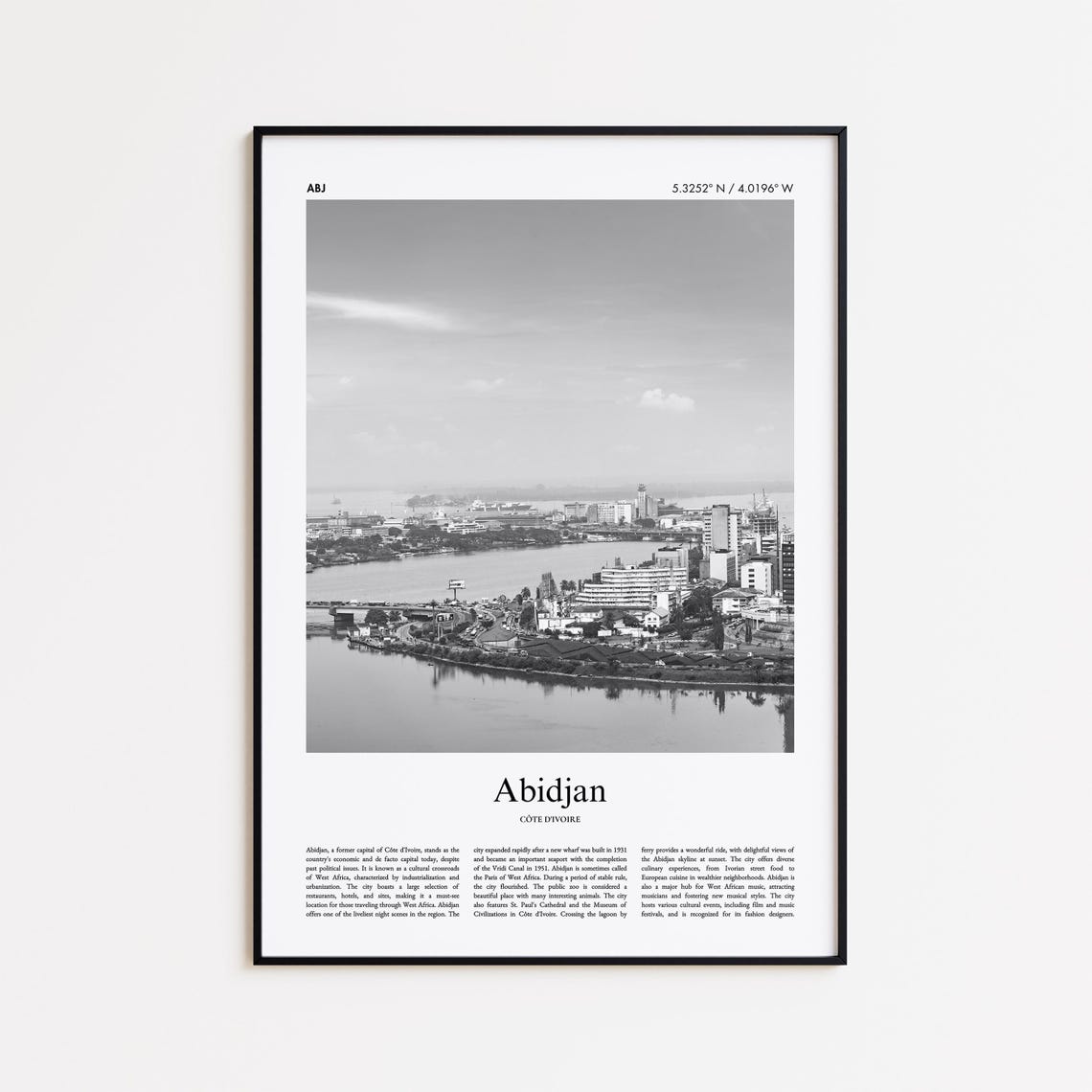 Abidjan Cote Divoire Black And White Lagoon Skyline Photo Poster