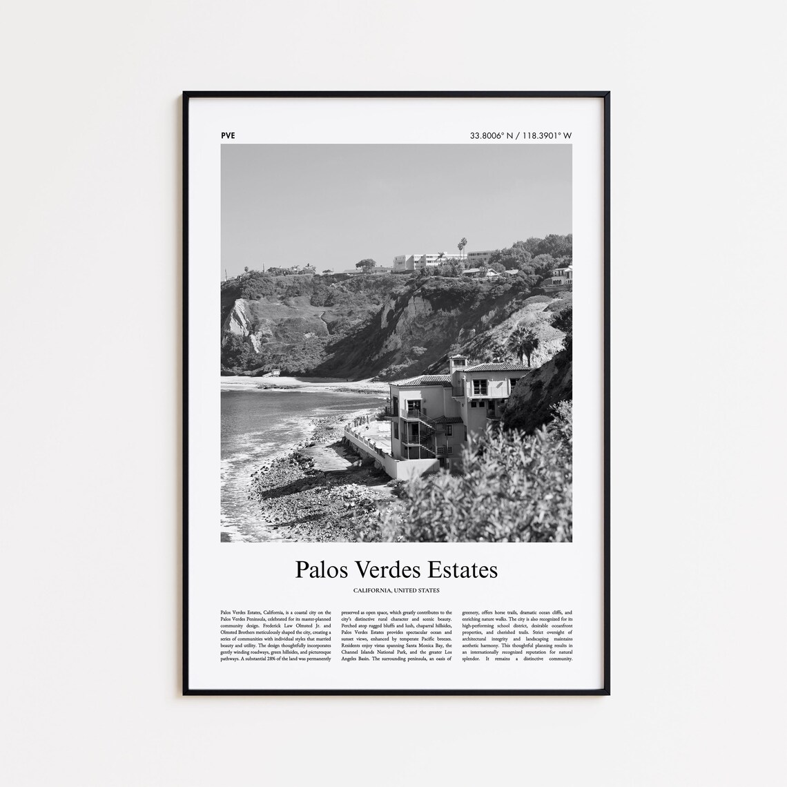 Palos Verdes Estates California Coast Black White Photo Poster