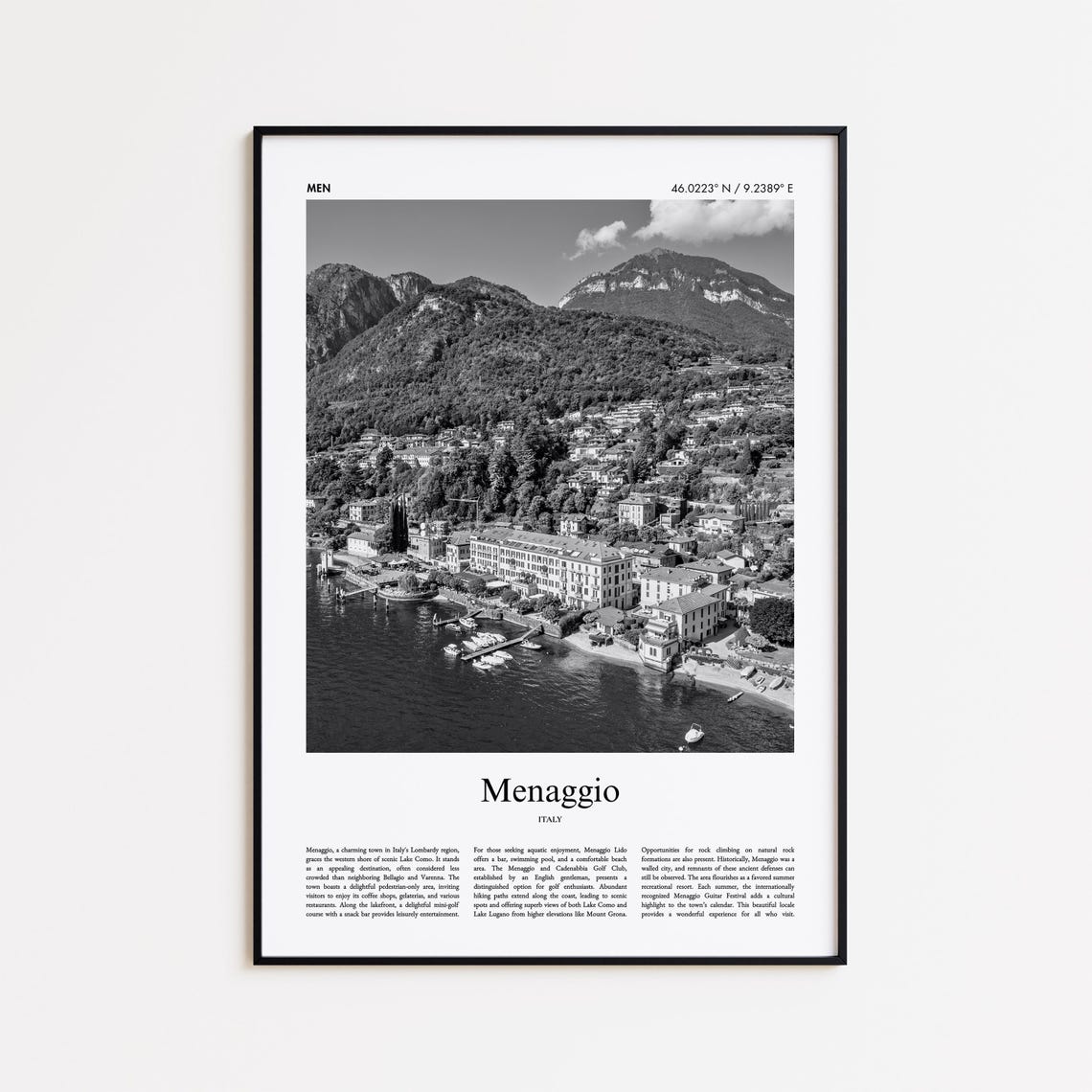 Menaggio Lake Como Lakeside Town Black White Italy Poster Art