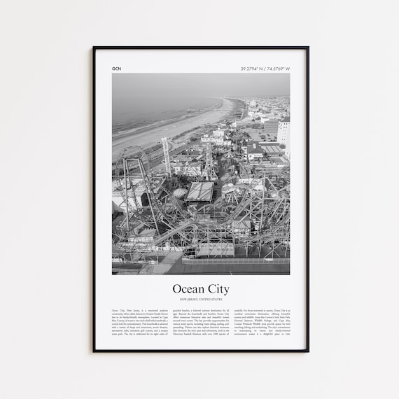 Ocean City New Jersey Black and White Boardwalk Aerial Photo Print
