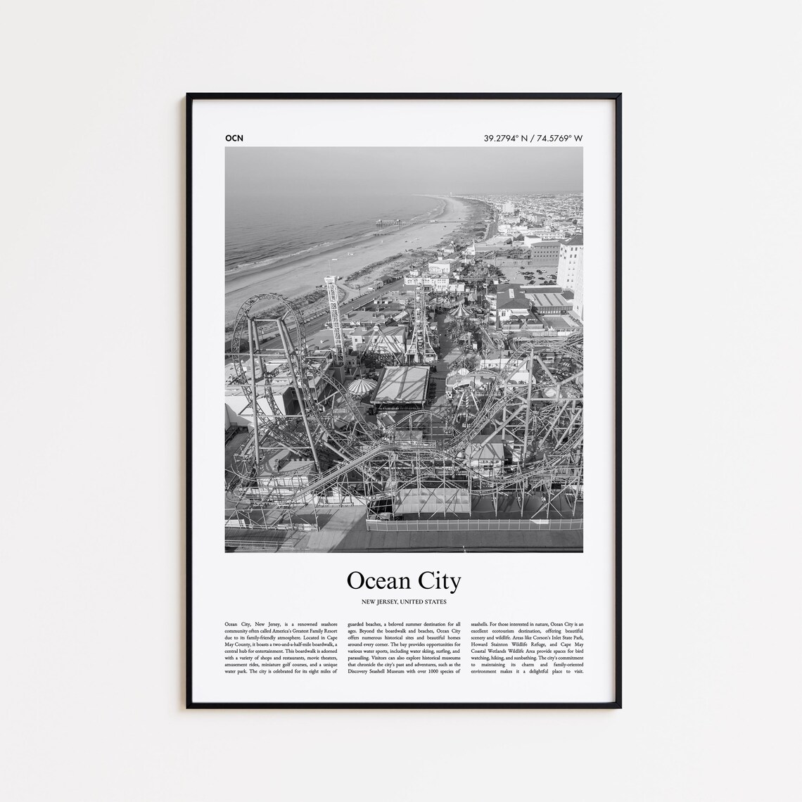 Ocean City New Jersey Black and White Boardwalk Aerial Photo Print