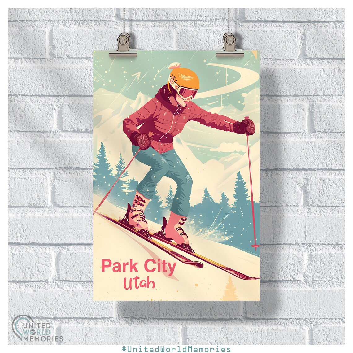 Park City Utah Female Skier Downhill Slope Vintage Travel Poster