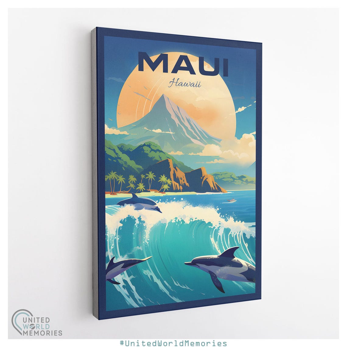 Maui Hawaii Dolphins Leaping Wave Volcano Sunset Retro Travel Poster - Image 3