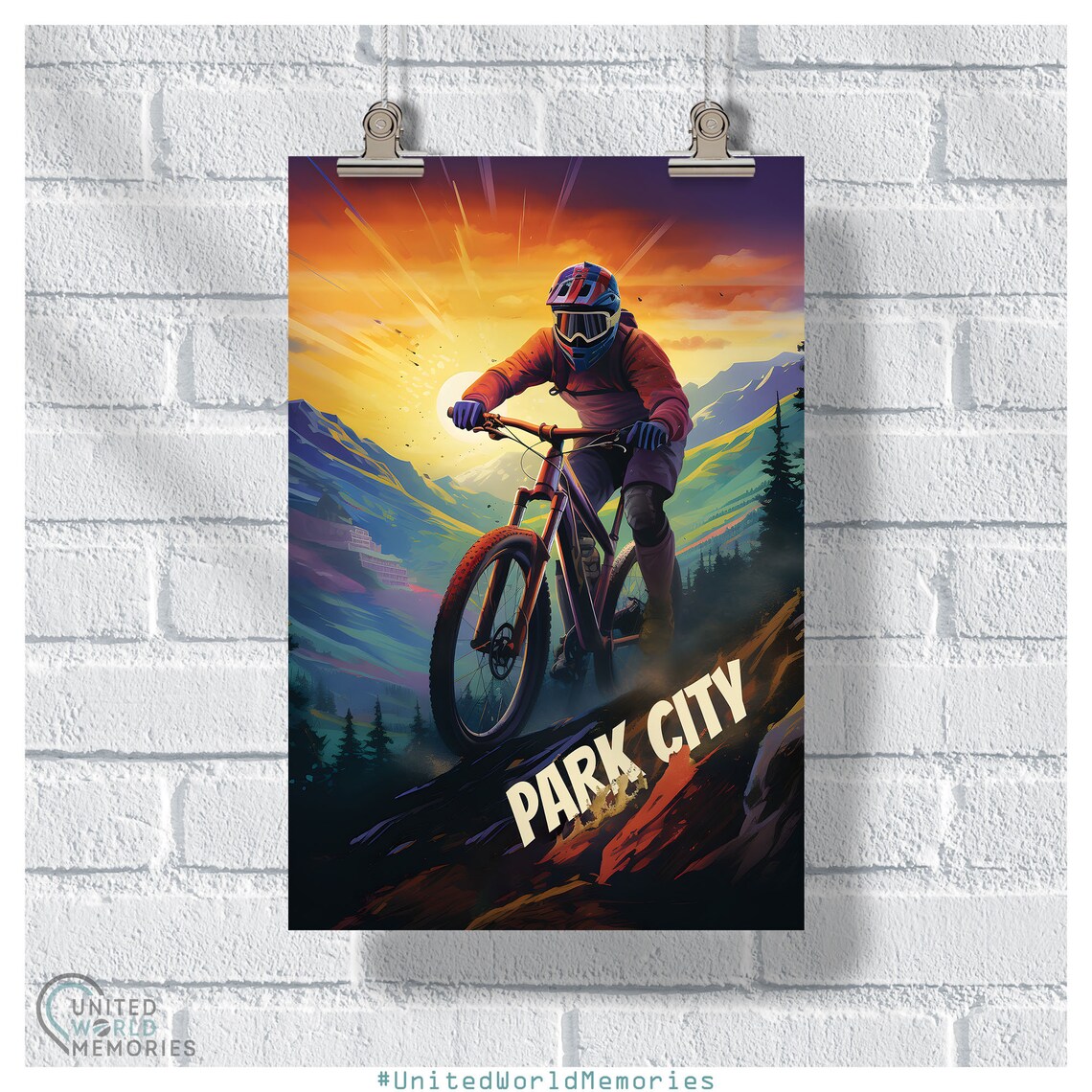 Park City Mountain Biker Sunset Trail Ride Vintage Travel Poster