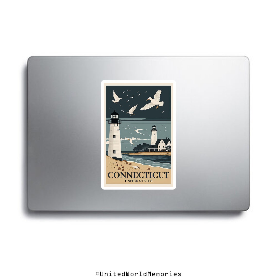 Connecticut Twin Lighthouses Seagull Beach Vintage Travel Poster