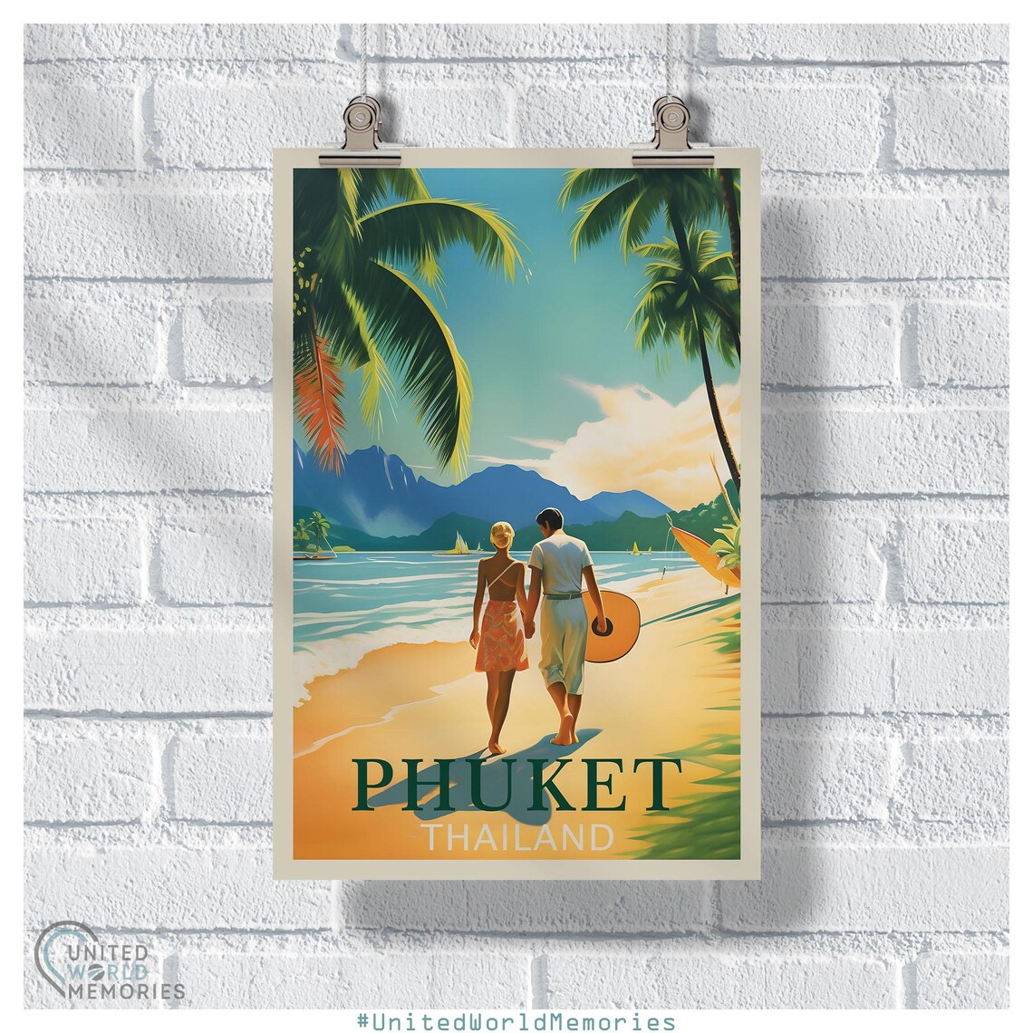 Phuket Thailand Retro Beach Couple Palms Sailboats Travel Poster