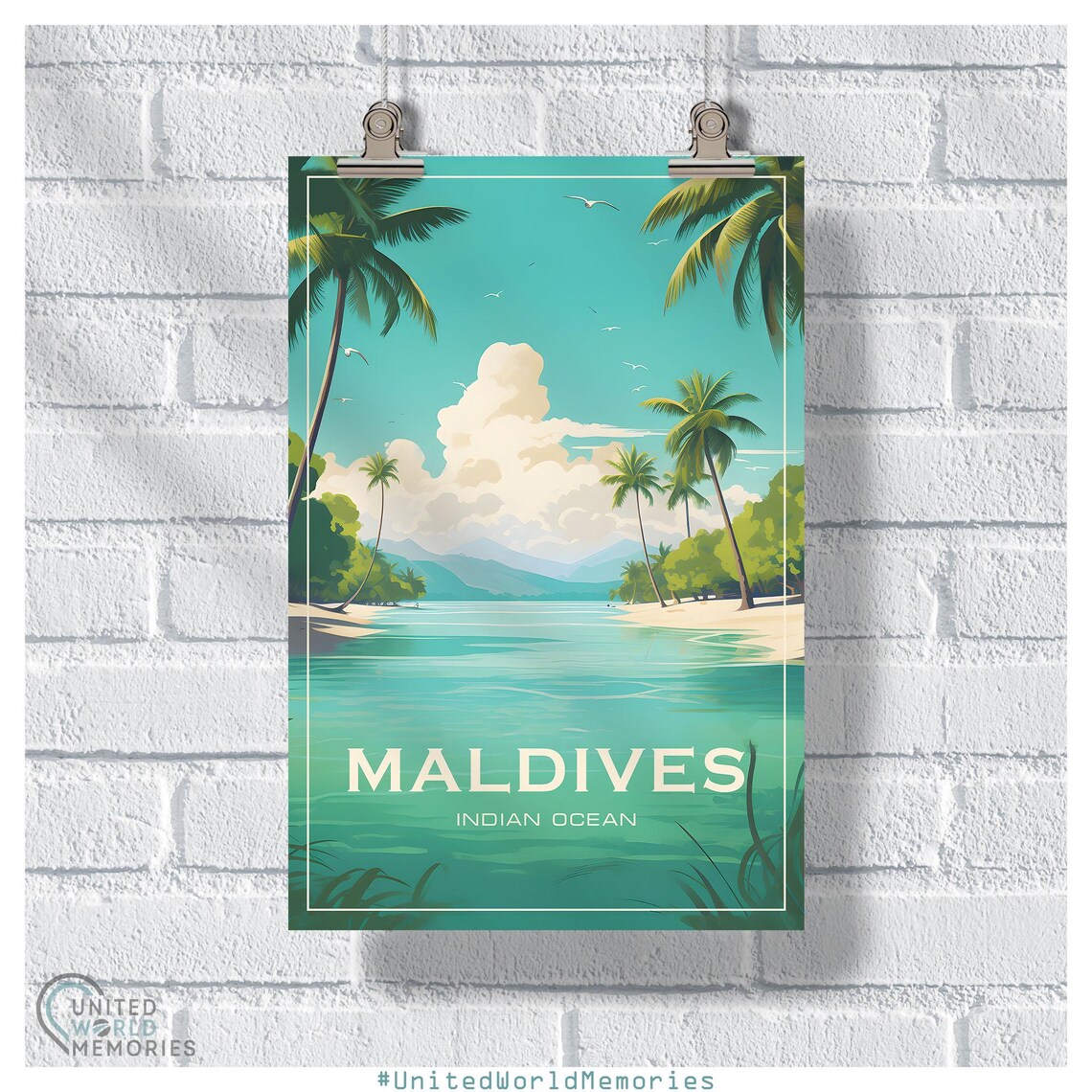 Maldives Lagoon Bliss Travel Poster Palm Trees Teal Water Art