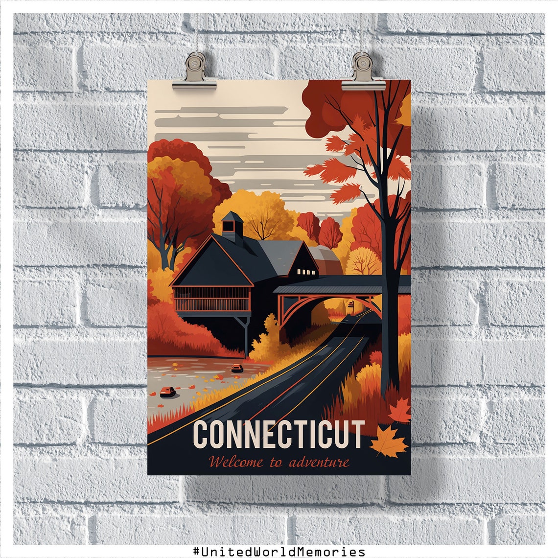 Connecticut Covered Bridge Fall Foliage Welcome Adventure Poster