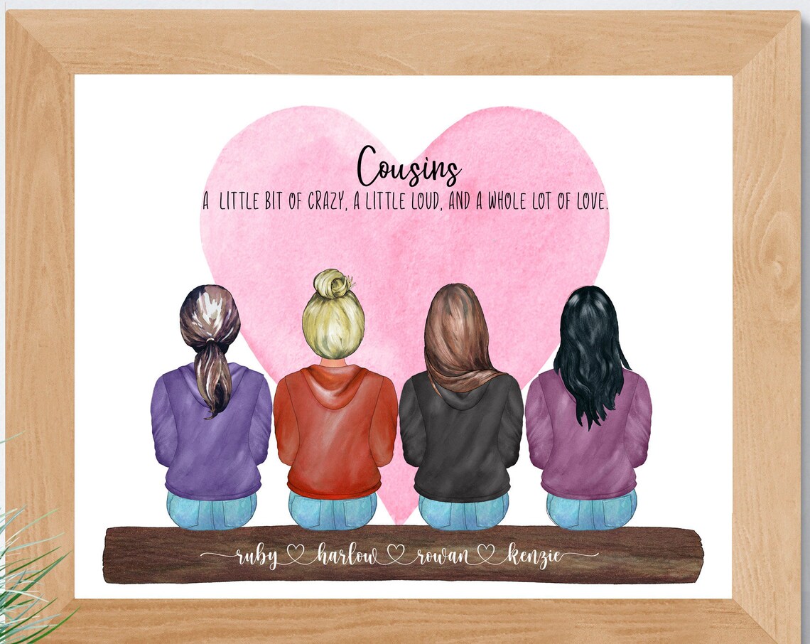 Personalized Four Cousins Portrait Before Pink Heart Gift Poster