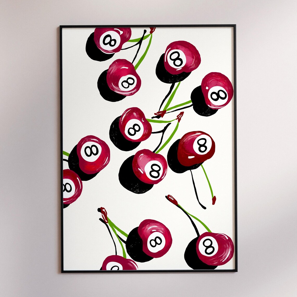Eight Ball Lucky Cherries Funky Retro Bar Cart Illustration Poster
