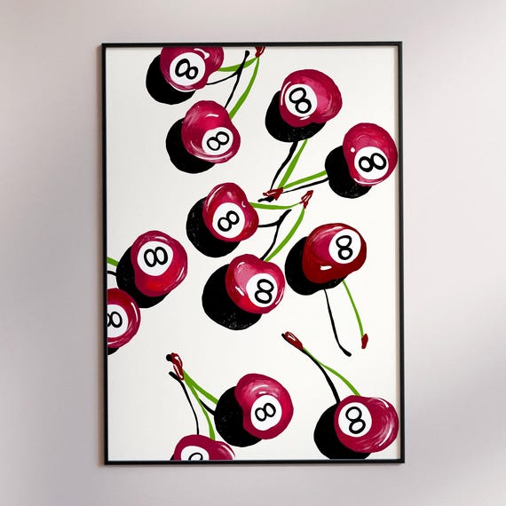 8 Ball Cherries Trendy Wall Art Print Funky Bar Cart Decor Retro Illustration Abstract Artwork Room Physical