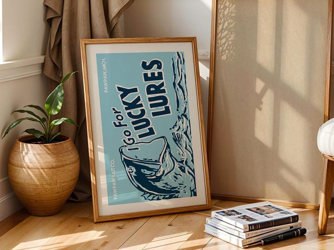 Lucky Lures Paw Paw Bait Co Vintage Leaping Fish Ad Blue Poster - Image 2