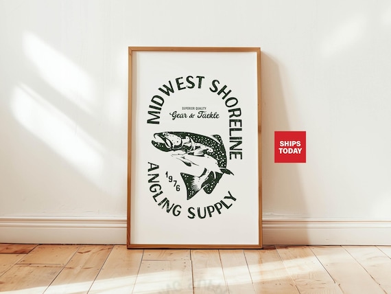 Midwest Fishing Retro Poster, Cabin Lake House Decor