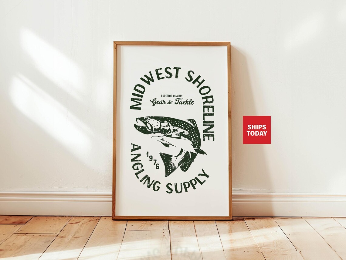 Midwest Fishing Retro Poster, Cabin Lake House Decor