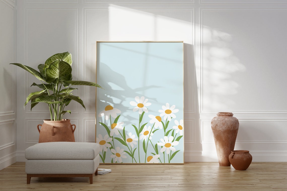 Daisy Field Light Blue Background Wildflower Meadow Decor Poster