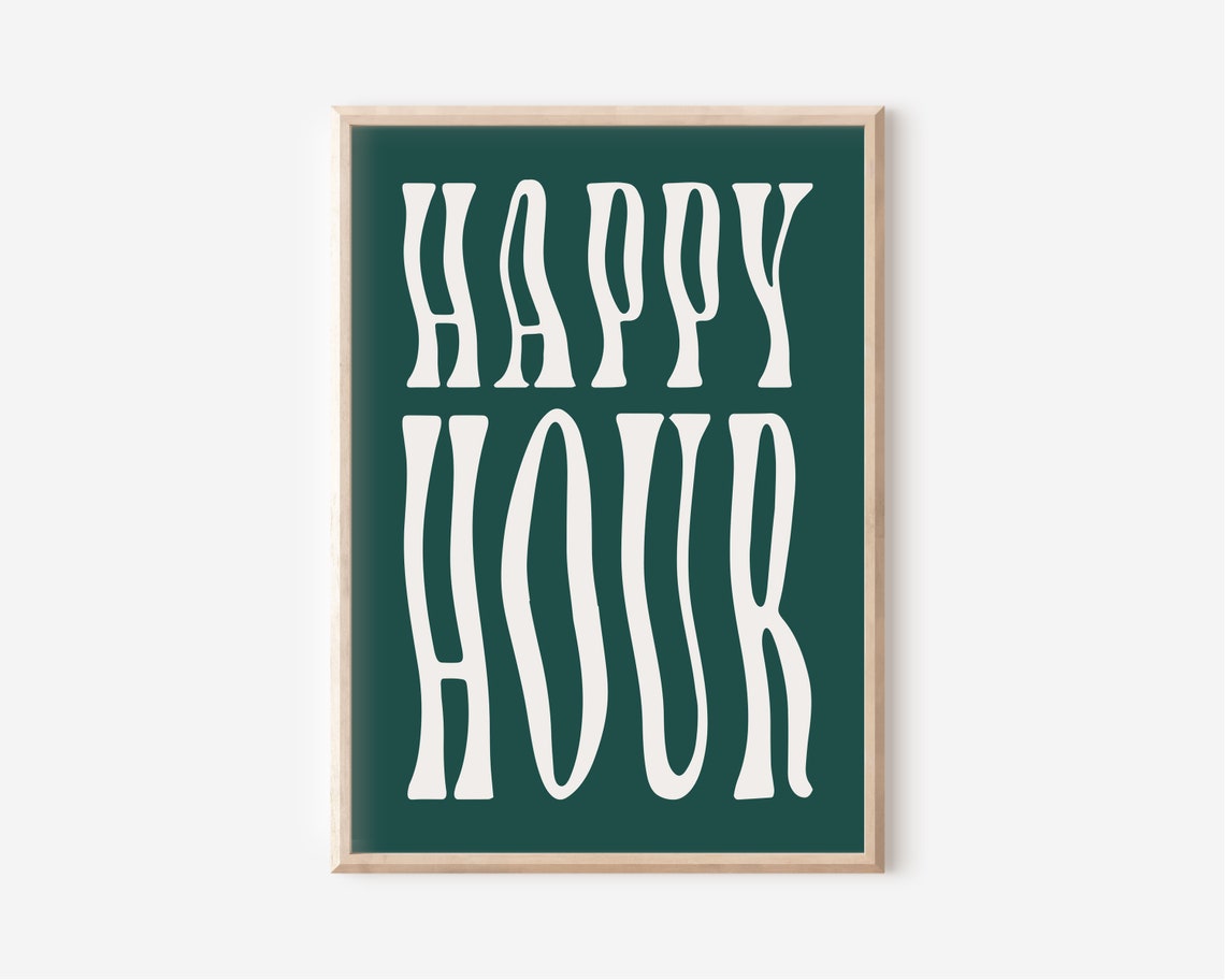 Retro Happy Hour Wavy Typography Dark Green Bar Cart Bar Poster - Image 3