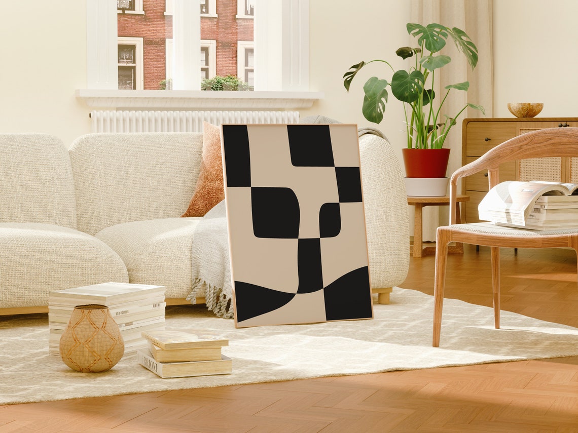 Black And Cream Abstract Wavy Checker Modern Minimalist Poster - Image 3