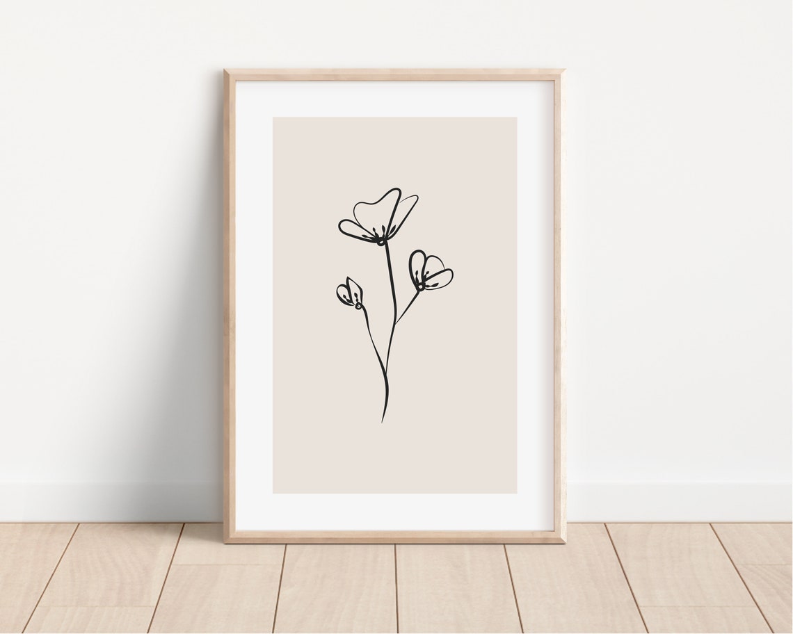 Black Line Poppies Flower Drawing Beige Minimalist Botanical Poster - Image 3