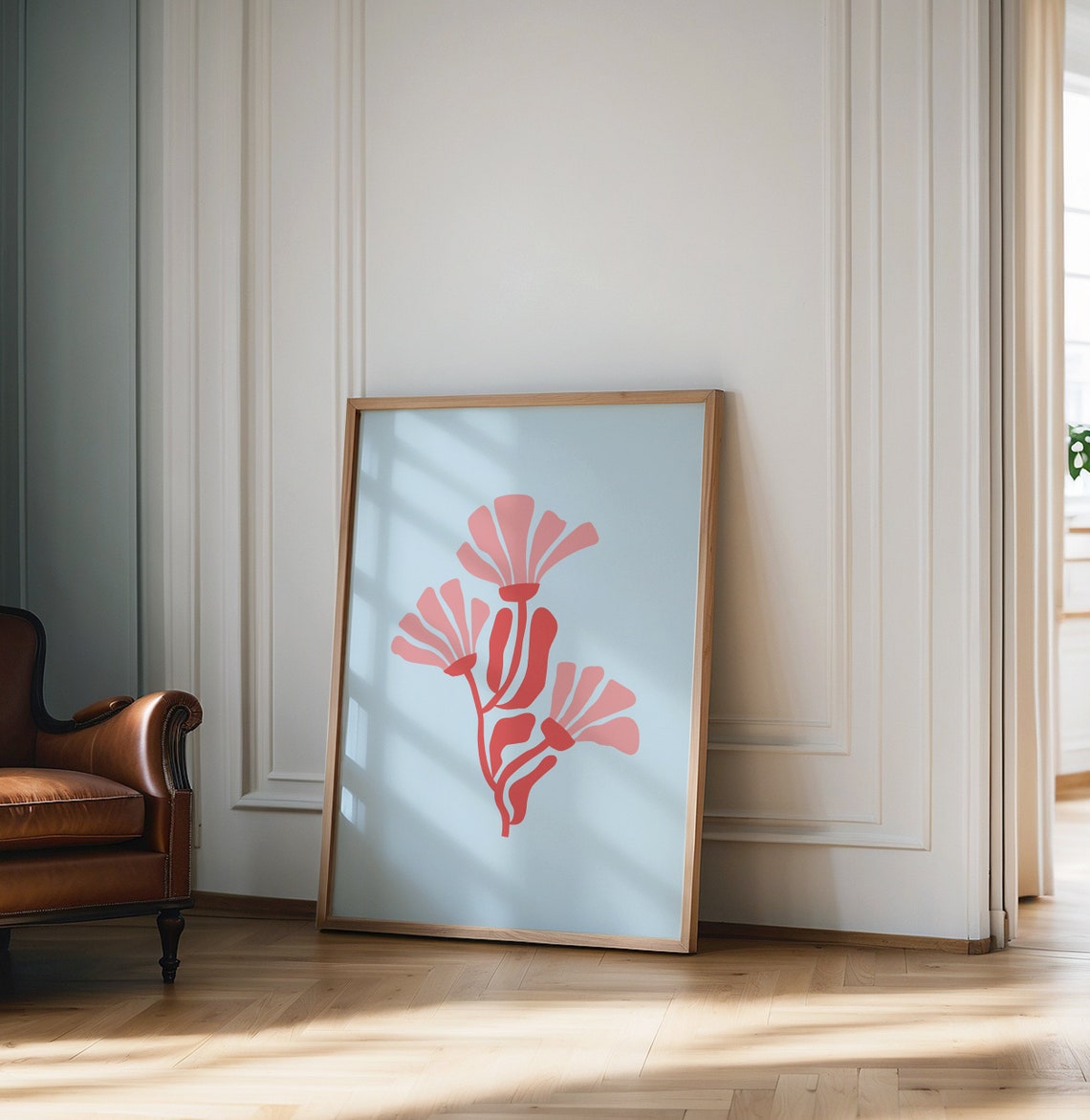 Coral Abstract Flower Blooms Light Blue Modern Nursery Print Decor - Image 2