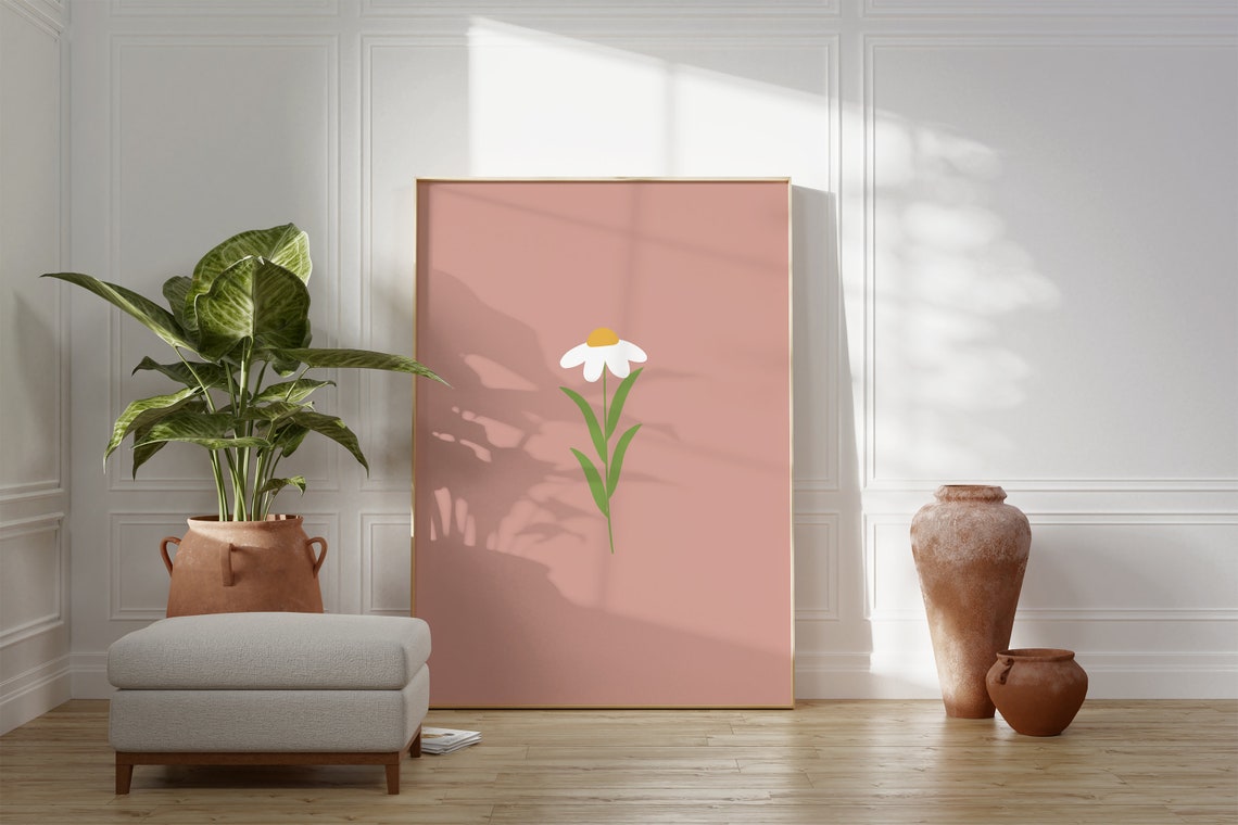 Dusty Pink Daisy Flower Minimalist Boho Nursery Print Art Decor