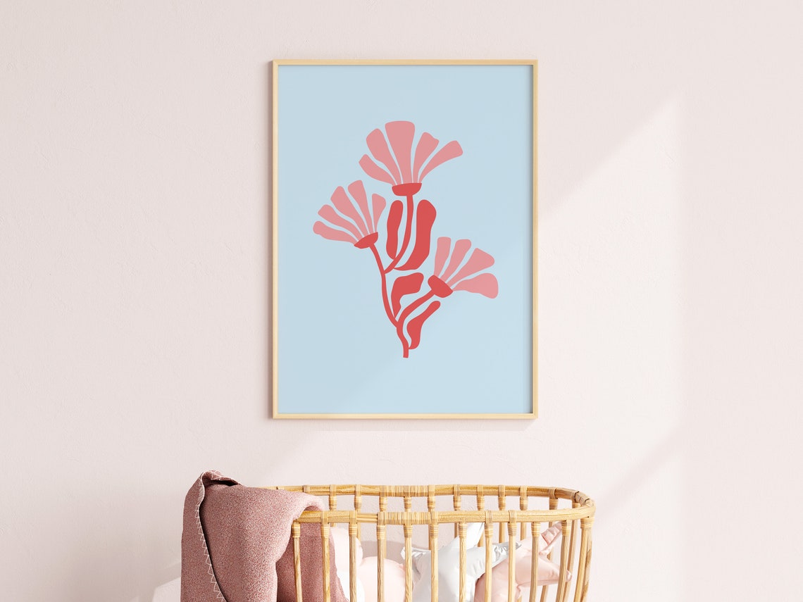 Coral Abstract Flower Blooms Light Blue Modern Nursery Print Decor