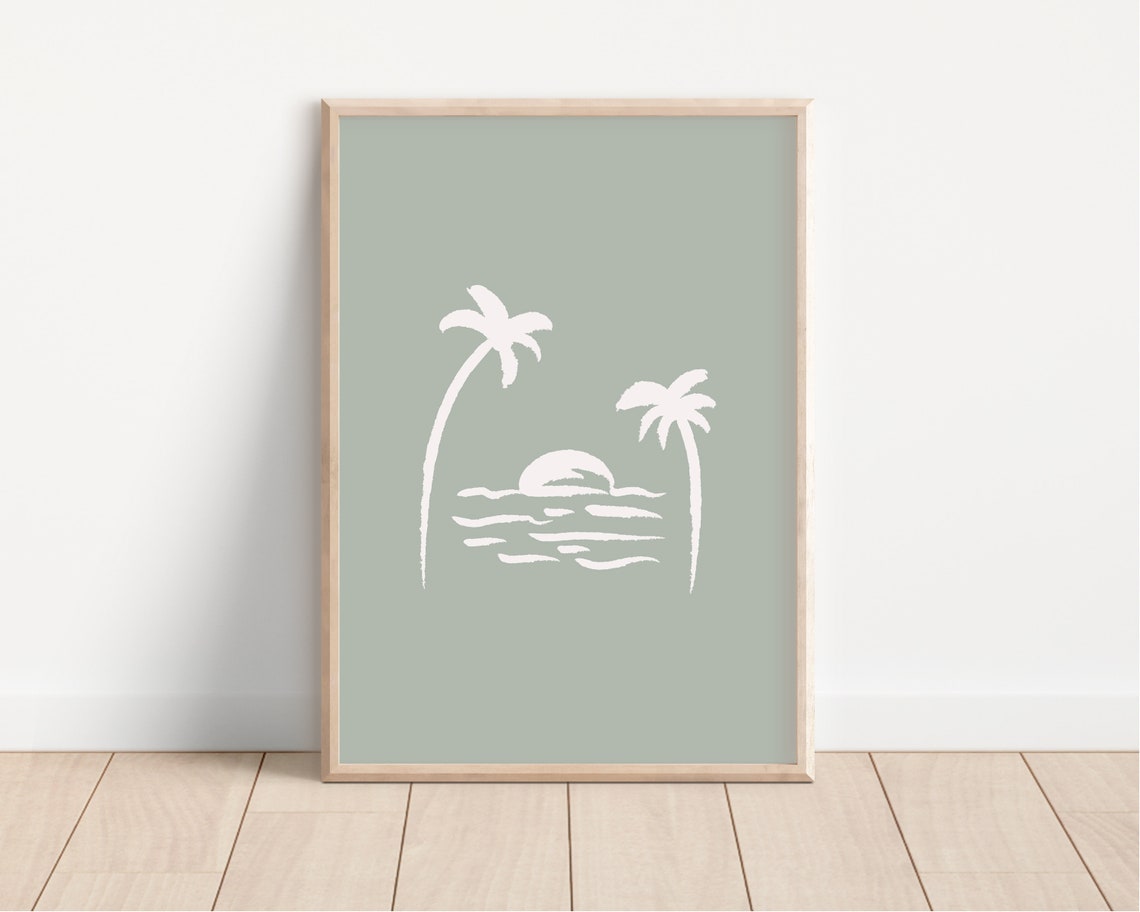 Palm Trees Sunset Ocean White Line Art Sage Green Beach Poster