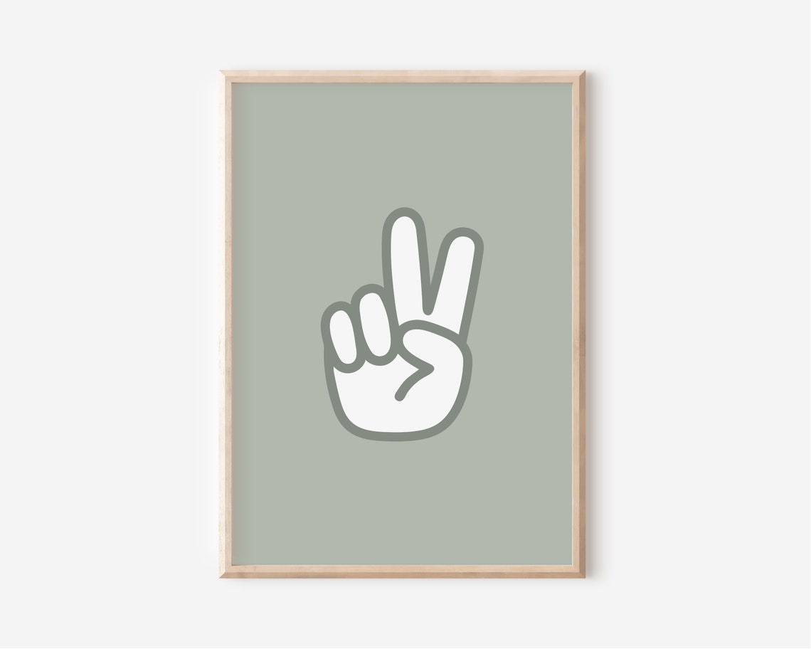 Peace Sign Hand Minimalist Sage Green Modern Nursery Wall Poster