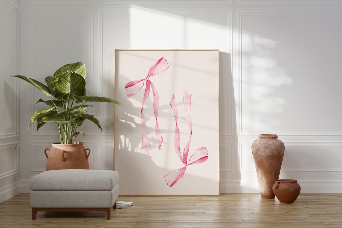 Pink Watercolor Ribbon Bows Coquette Balletcore Trendy Print Decor - Image 3