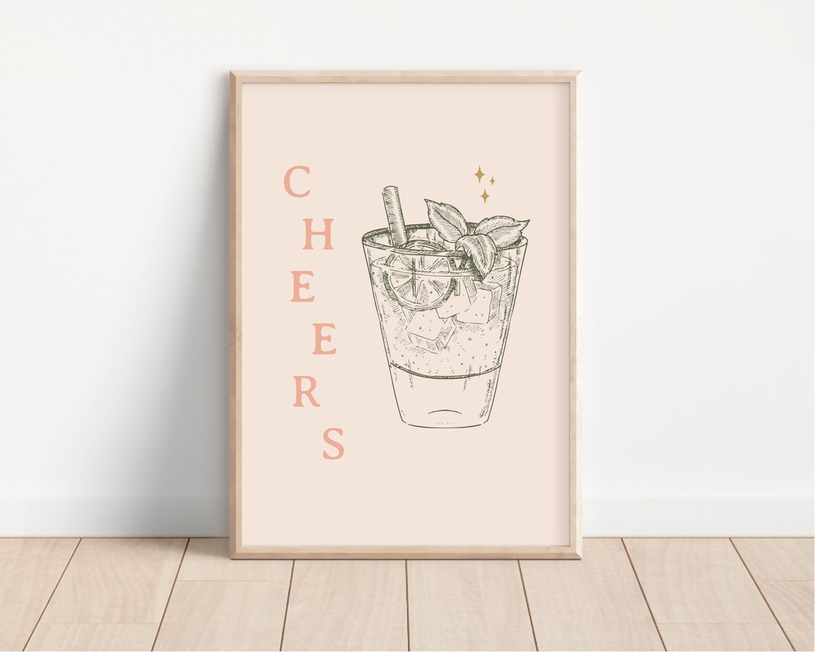 Cheers Cocktail Illustration Peach Bar Cart Kitchen Quote Print