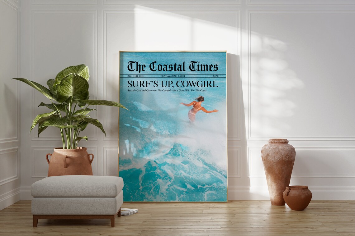 The Coastal Times Surfs Up Cowgirl Newspaper Surf Beach Poster - Image 4