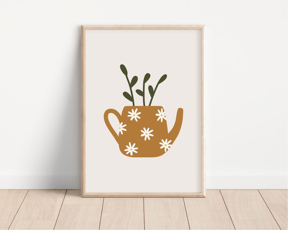 Retro Mustard Teapot With Daisies Botanical Kitchen Decor Poster