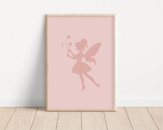 Pink Fairy Silhouette With Wand and Stars Nursery Girls Bedroom Poster