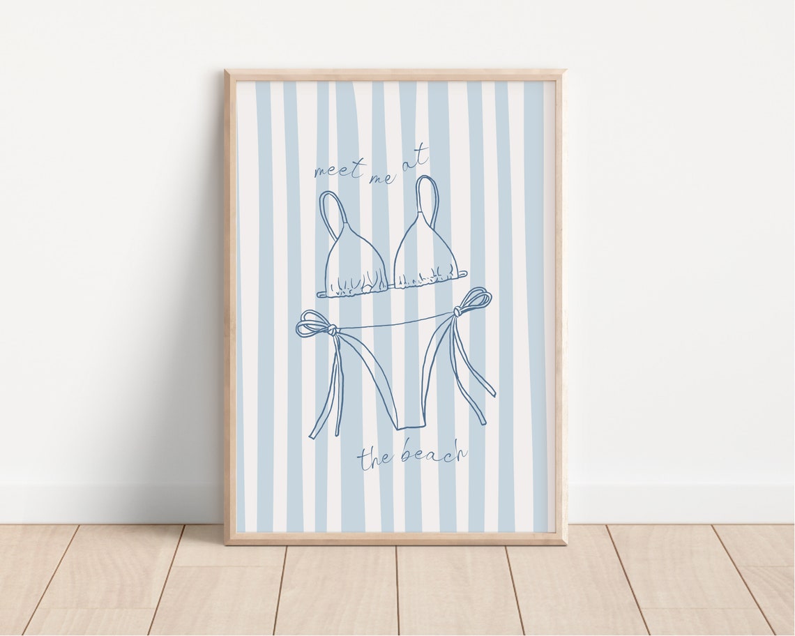 Meet Me At The Beach Blue Bikini Striped Coastal Summer Wall Poster - Image 3