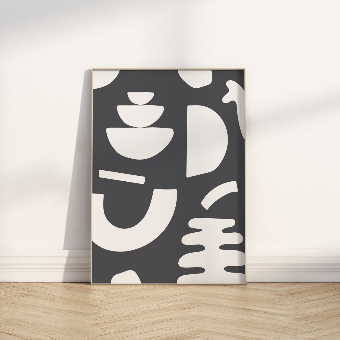 Dark Grey Abstract Organic White Shapes Modern Minimalist Art Poster - Image 4