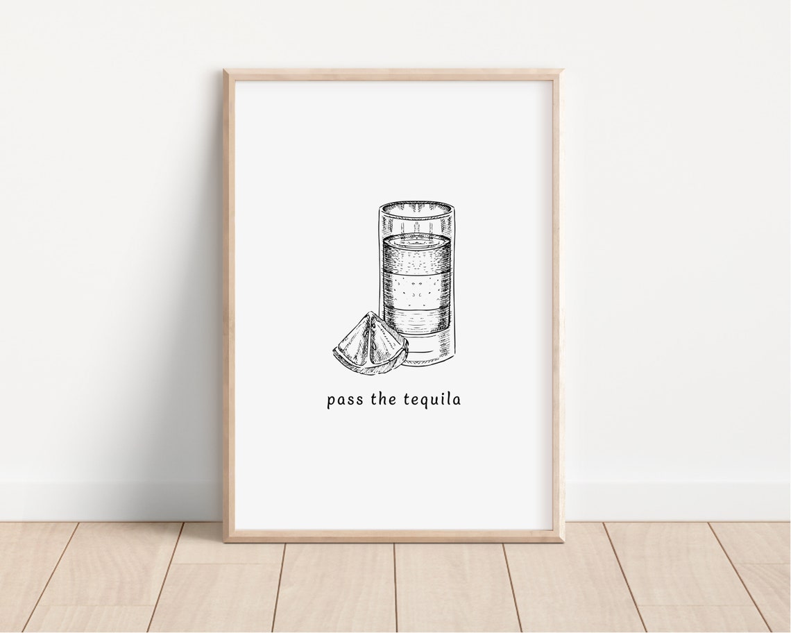 Pass The Tequila Sketch Shot Glass with Lime Wall Bar Decor Poster