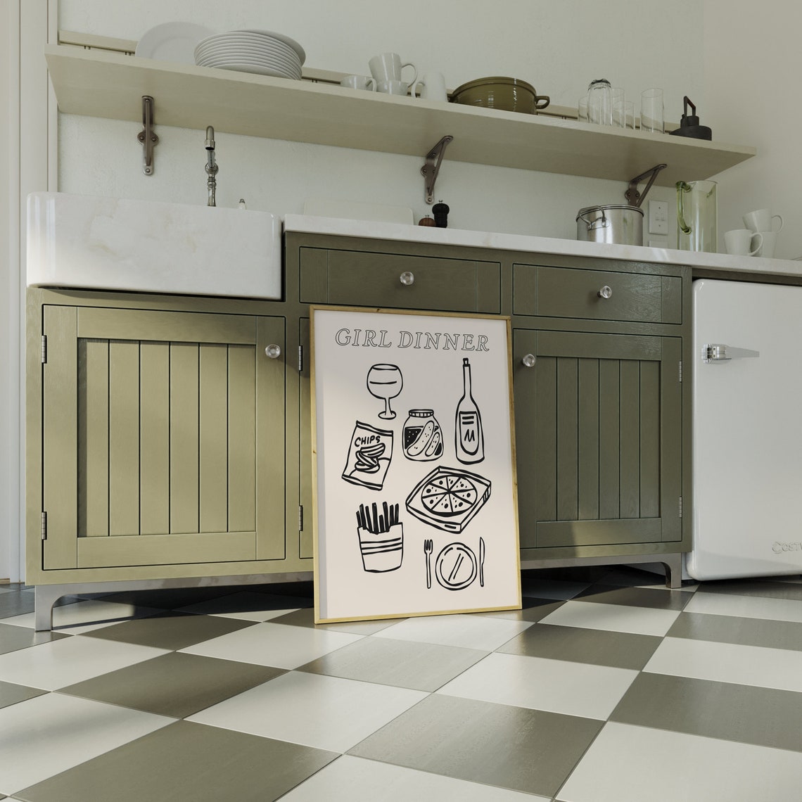 Girl Dinner Snack Line Art Black and White Trendy Kitchen Print