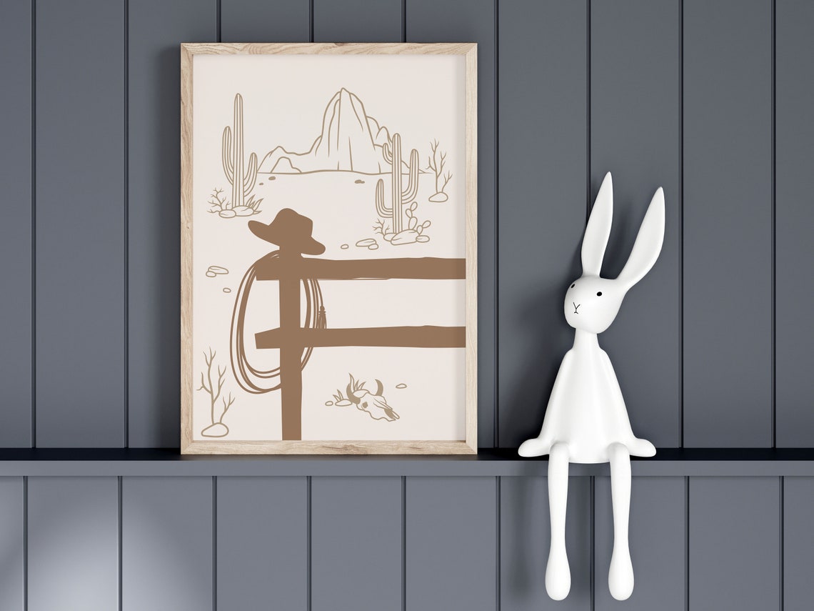 Western Desert Cowboy Silhouette Nursery Cactus Line Art Poster - Image 2