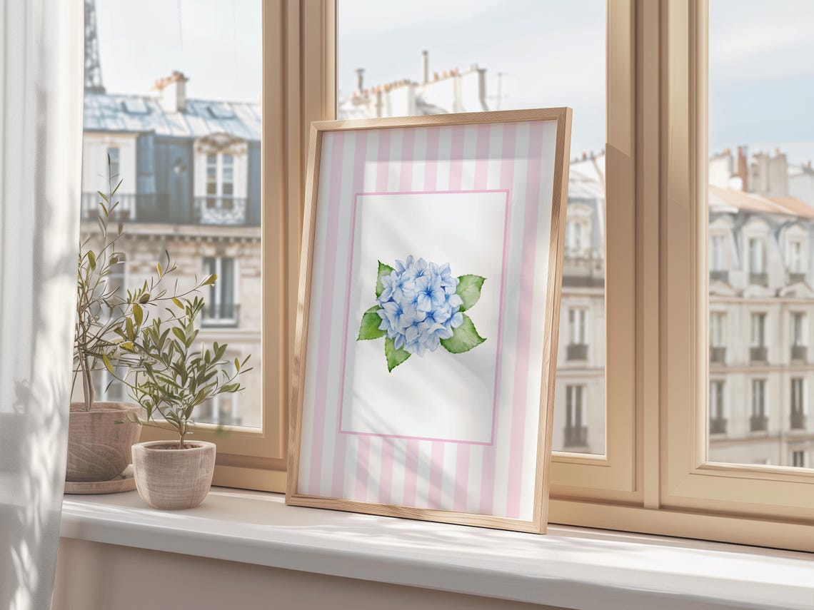 Blue Hydrangea Watercolor Pink Stripe Coastal Floral Nursery Poster - Image 2