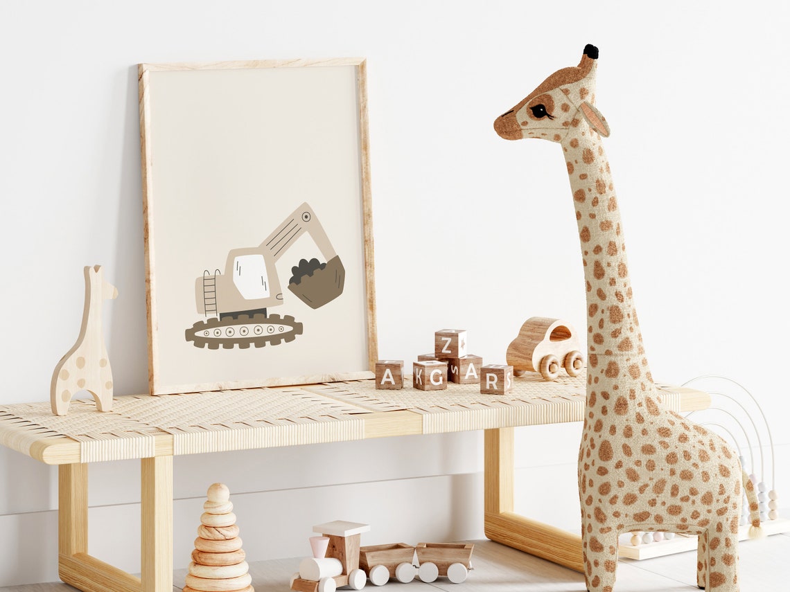 Beige Excavator Digger Neutral Nursery Construction Truck Poster - Image 3