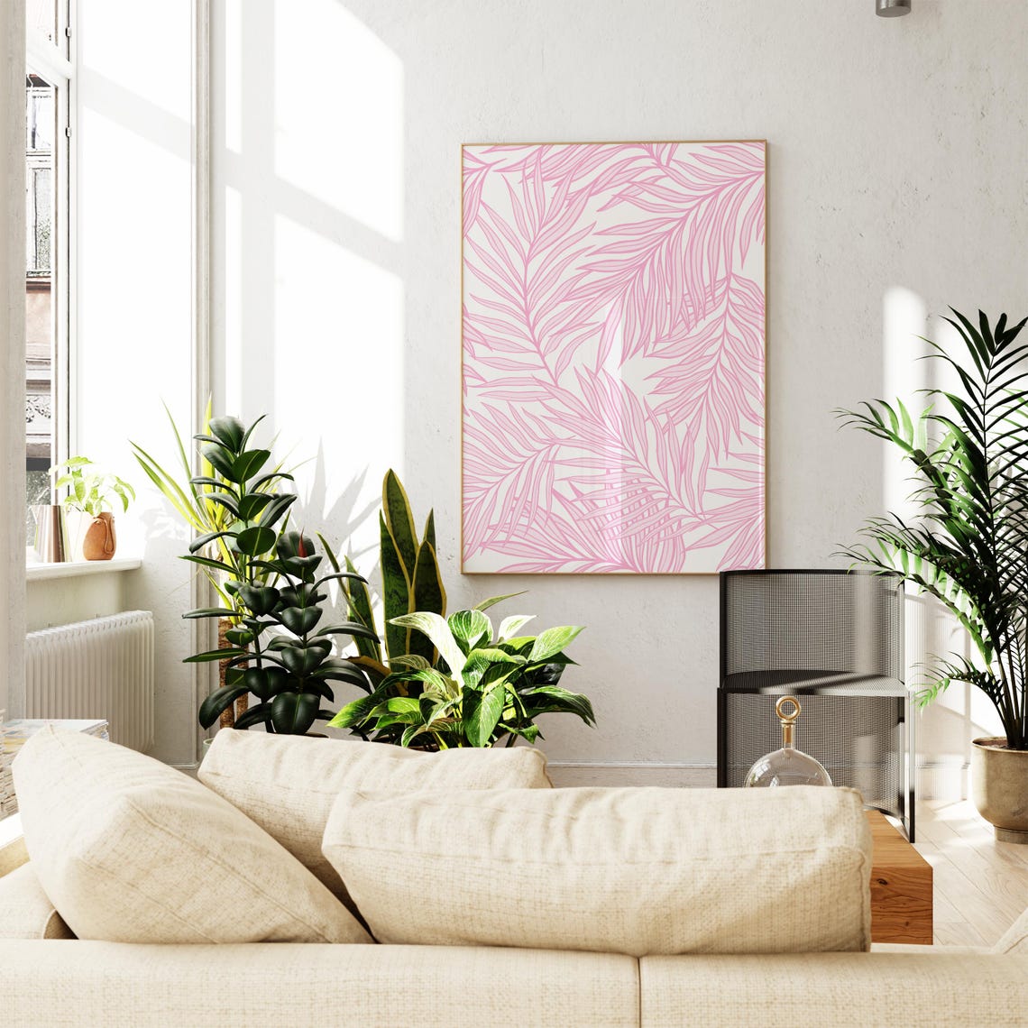 Pink Palm Leaves Tropical Line Pattern on White Background Poster - Image 2